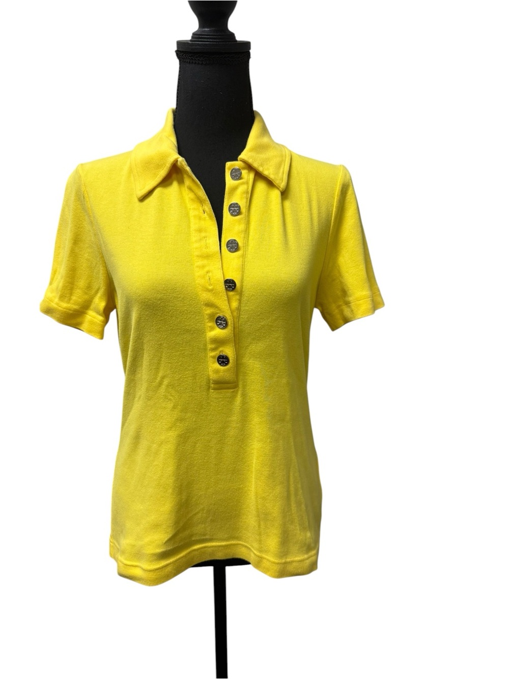 Tory Burch Yellow Button Polo Top Large Preppy Luxury Cotton Shirt